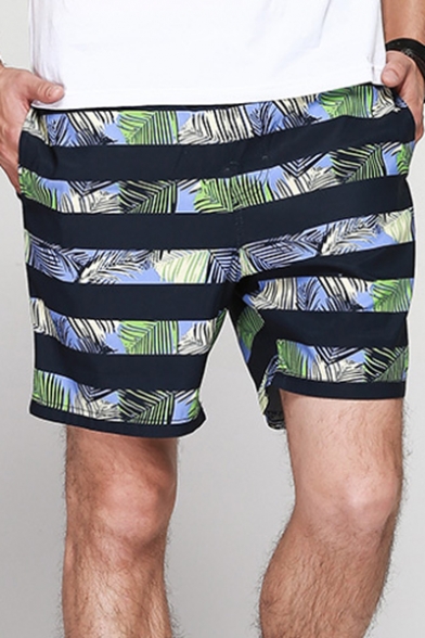 Retro Mens Black Striped Tropical Bathing Shorts with Hook and Loop Pockets