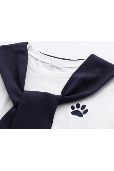 Sailor Collar Cat's Paw Embroidered Short Sleeve Tee