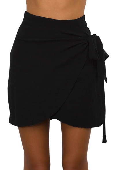 Tied Front Plain Mini Asymmetric Hem Skirt