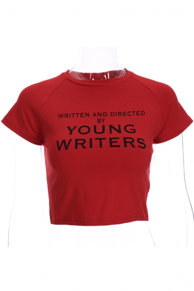 YOUNG WRITERS Letter Printed Round Neck Short Sleeve Crop Tee