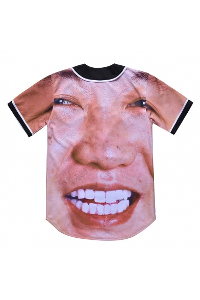 3D Man's Face Printed Short Sleeve Buttons Down Tee