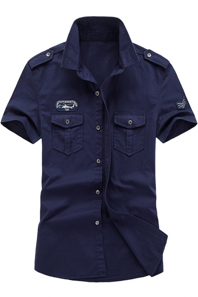 Badge Embellished Lapel Collar Short Sleeve Buttons Down Tooling Shirt