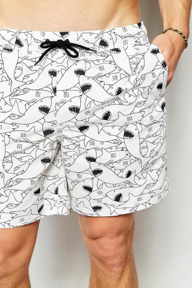 White and Black Mens Fish Shark Print Drawstring Swim Beach Shorts with Side Pockets