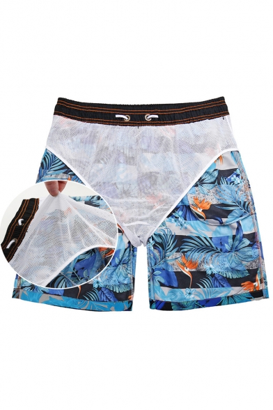 Blue Men's Popular Drawcord Floral Striped Pattern Swim Trunks with Liner and Pockets
