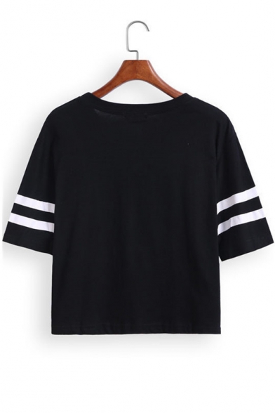 BROOKLYN 76 Letter Contrast Striped Printed Round Neck Short Sleeve Crop Tee