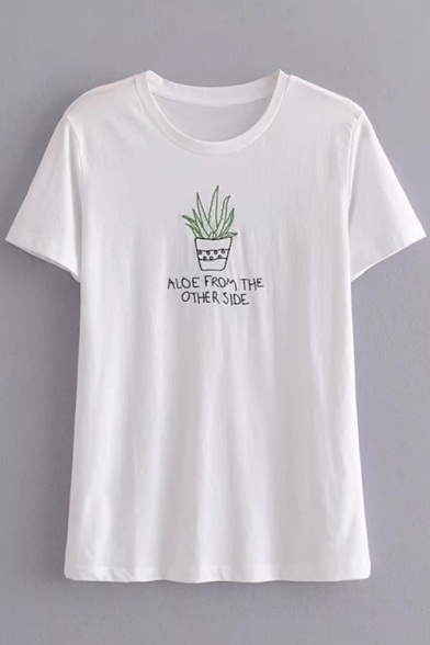 Cactus ALOE FROM ME Embroidered Round Neck Short Sleeve Tee