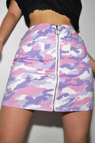 Camouflage Printed Zipper Fly Mini Bodycon Skirt
