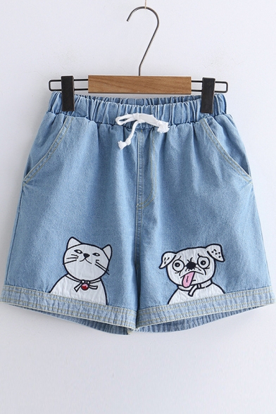 Cat Dog Embroidered Drawstring Waist Denim Shorts