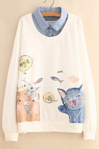 Cat Fish Chinese Printed Fake Two Piece Lapel Collar Long Sleeve Sweatshirt