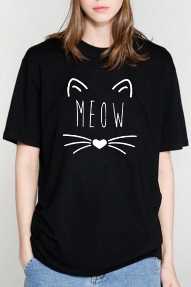 Cat Pattern MEOW Letter Printed Round Neck Short Sleeve Tee