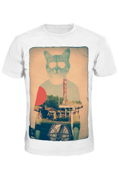 Cat's Head Character Printed Round Neck Short Sleeve Tee