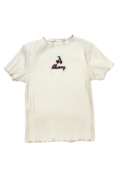 Cherry Letter Embroidered Round Neck Short Sleeve Ribbed Tee