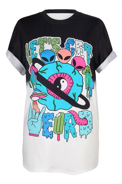 Color Block Alien Tai Chi Pattern Printed Round Neck Short Sleeve Tee