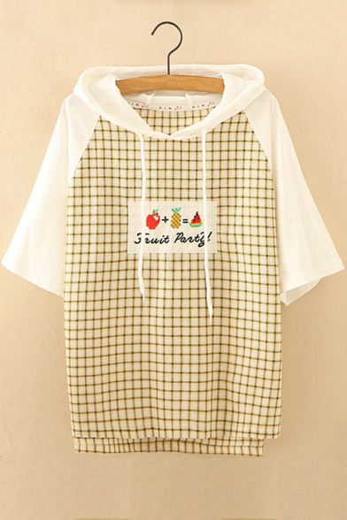 Color Block Plaid Printed Letter Fruit Embroidered Short Sleeve Hooded Tee