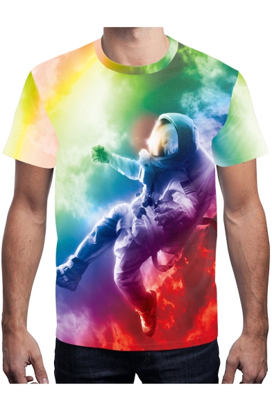 Colorful Cloudy Sky Astronaut Printed Round Neck Short Sleeve Tee