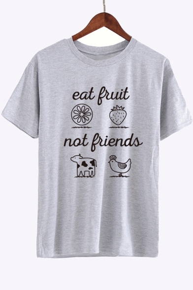 EAT FRUIT Letter Fruit Animal Printed Round Neck Short Sleeve Tee