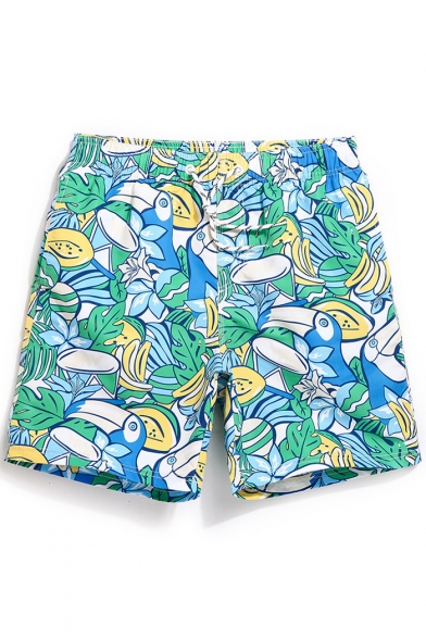 Elastic Green Floral Tropical Popular Bird Toucan Bathing Trunks Men with Mesh Lined Pockets