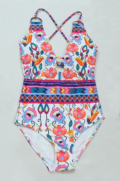Fancy Floral Printed Crisscross Hollow Out Back One Piece Swimwear