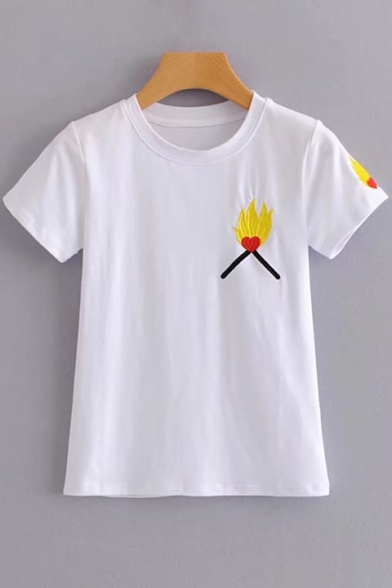Flame Embroidered Round Neck Short Sleeve Tee