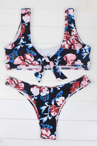 Floral Printed Sleeveless Tied Front Bikini