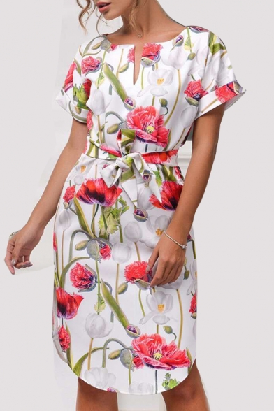 Floral Printed V Neck Short Sleeve Split Side Midi A-Line Dress