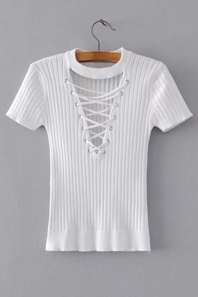Hollow Out Lace Up Front Round Neck Short Sleeve Ribbed Knit Tee