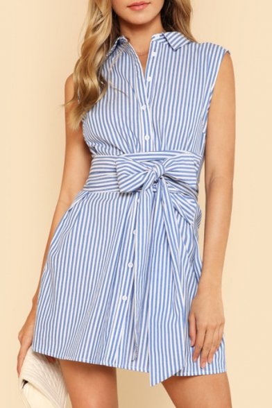 Lapel Collar Sleeveless Striped Printed Buttons Down Bow Tied Waist Mini A-Line Dress