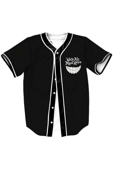 Letter Mouth Printed Short Sleeve Buttons Down Baseball Tee