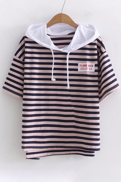 Letter Number Printed Color Block Striped Hooded Tee