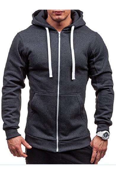Long Sleeve Plain Zip Up Hoodie with Pockets