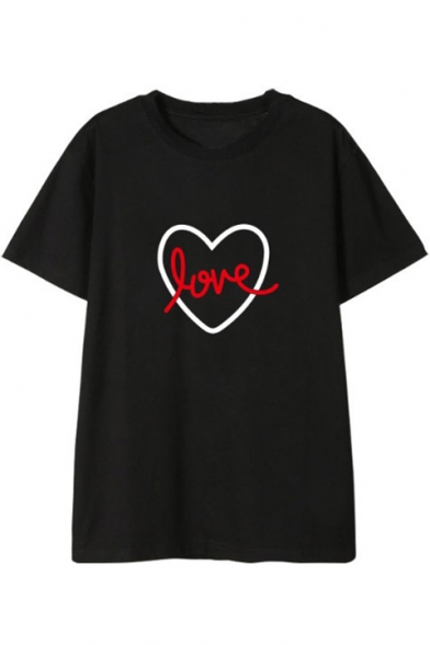 Love Heart Printed Round Neck Short Sleeve Tee