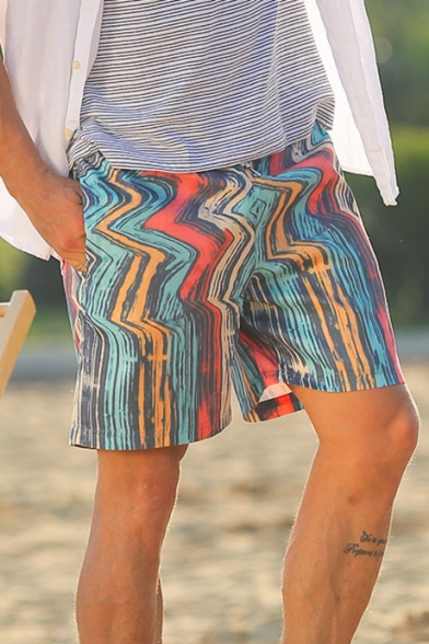 Multiple Colorful Blue Colorblocked Oil Painting Swim Shorts for Guys with Brief Lining