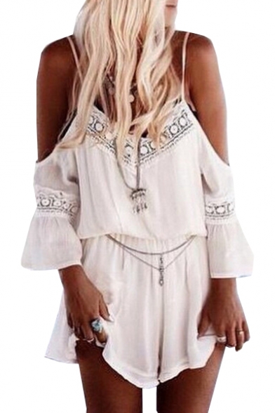 Off The Shoulder 3/4 Length Sleeve Lace Insert Romper