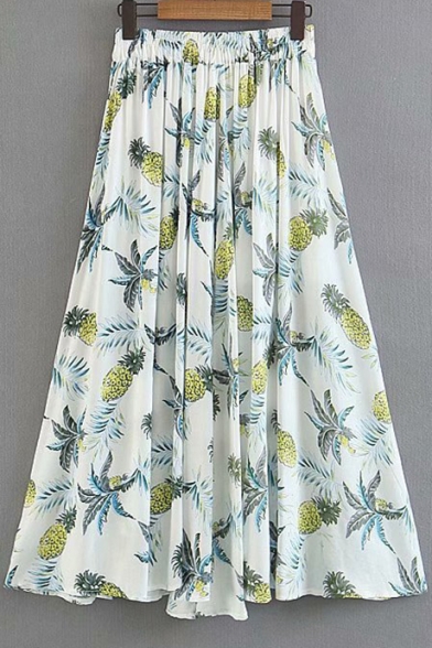 Pineapple Leaf Printed Elastic Waist Maxi A-Line Skirt