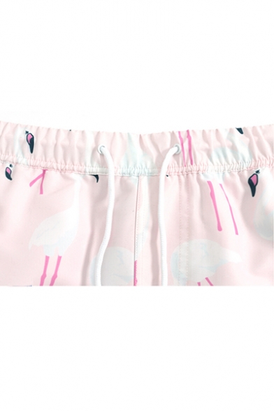 Quick Dry Mens Pink Stretch Flamingo Printed Bathing Shorts with Brief Lining