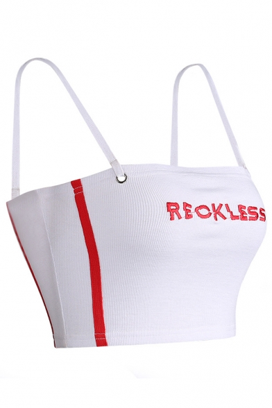 RECKLESS Letter Embroidered Contrast Striped Spaghetti Straps Sleeveless Crop Cami