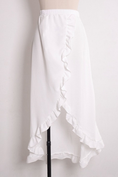 Ruffle Detail Split Front Plain Elastic Waist Maxi Asymmetric Hem Skirt