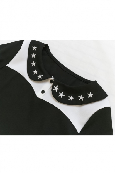 Star Embroidered Peter Pan Collar Color Block Short Sleeve Dress