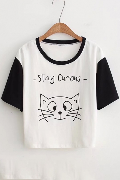 STAY CURIOUS Cat Printed Color Block Raglan Short Sleeve Round Neck Tee