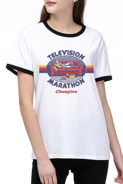 TELEVISION MARATHON Letter Character Printed Round Neck Short Sleeve Tee