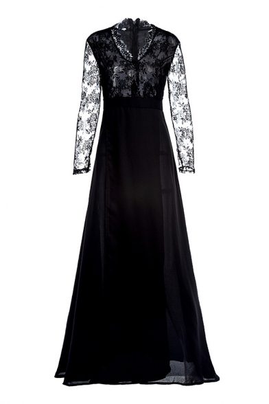 V-Neck Cutout Long Sleeves Gathered Waist High Split Side Lace Plain Maxi Dress