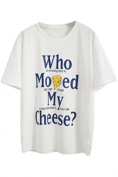 WHO MOVED Letter Cheese Printed Round Neck Short Sleeve Tee