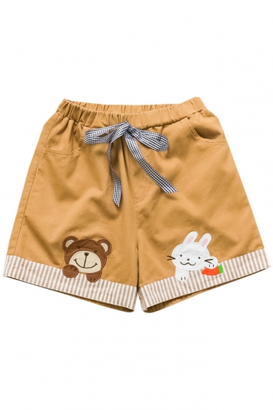 Bear and Rabbit Embroidered Stripes Tie Elasticated Waist Shorts