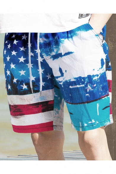 Big and Tall Fast Drying Red White and Blue Male American Drawcord Swim Trunks with Pockets without Lining
