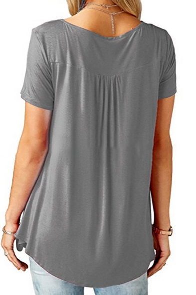 Buttons Embellished Short Sleeve Plain Loose Tee