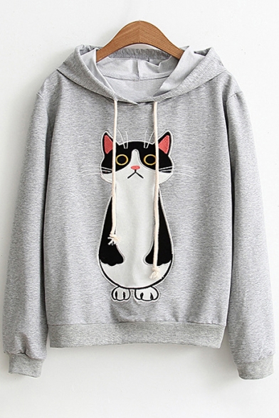 Cat Embroidered Long Sleeve Hoodie