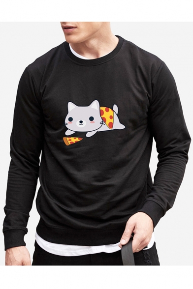 Cat Pizza Printed Round Neck Long Sleeve Sweatshirt