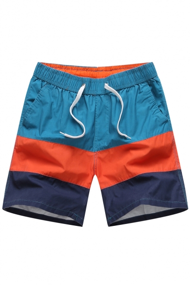 Classic Elastic Red and Blue Colorblock Beach Shorts Trunks with Back Zipper Pockets