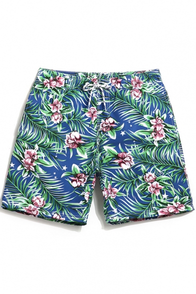 Classic Quick Dry Mens Blue Floral Leaf Pattern Swim Trunks without Mesh Brief