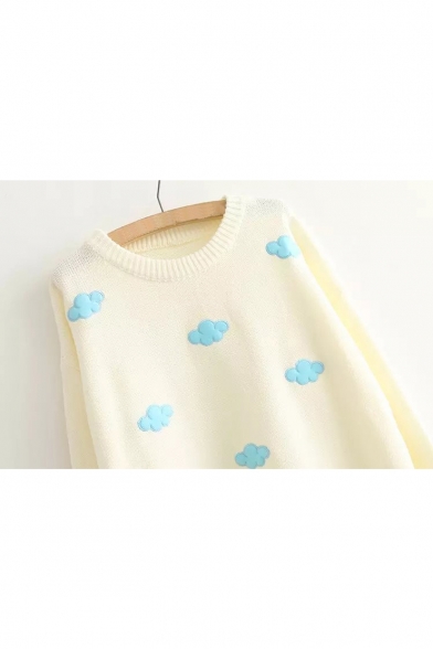 Cloud Pattern Embellished Round Neck Long Sleeve Sweater